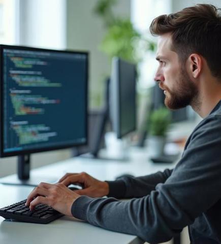 Software Developer Man Coding Script In Modern Office. Focused Coder At Computer Monitor. Cyber Security Specialist Works On Desktop Pc. Programmer Typing On Keyboard. Engineering Team Working At