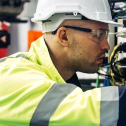 Technician Engineer Holding Robot Controller Checking And Repairing Automatic Robotic Machine At Industrial Factory, Worker Working With Robotic Arm System In Factory